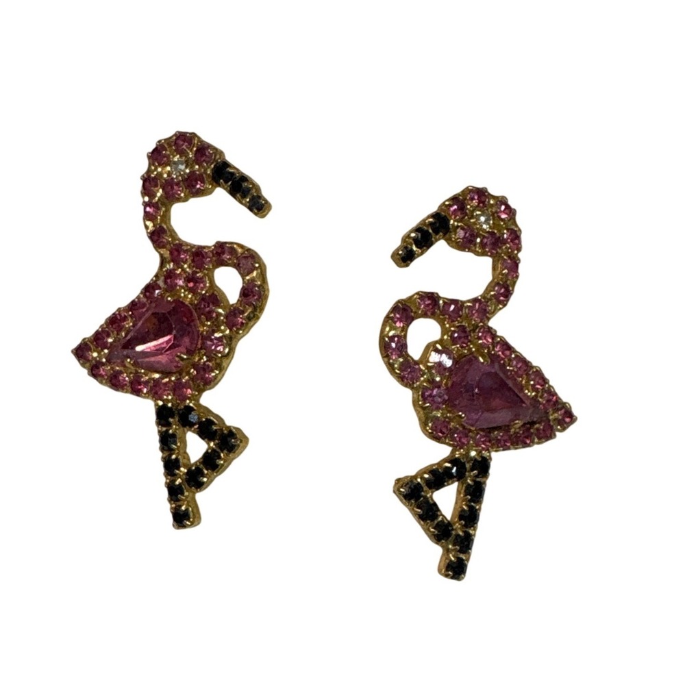 Gold Tone‎ Flamingo Earrings Pink Rhinestone Black Accent Pierce Vintage